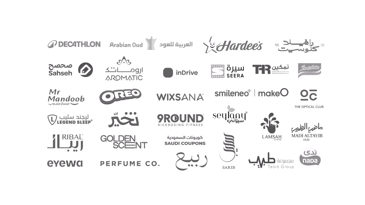 Leading GCC brands we partner with — Tamkeen, Perfume Co, Arabian Oud, Seera, Eyewa, Al-Meswak, Legend Sleep, Barq, Golden Scent, Nada, Decathlon, Indomie, Hardees, Oreo.